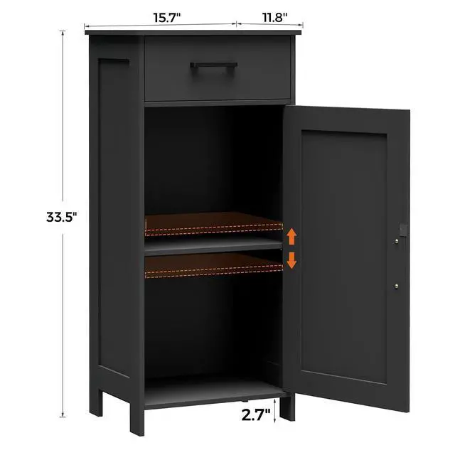 Alt view image 2 of 7 - Homhedy Bathroom Storage Cabinet with Drawer & Adjustable Shelf | Freestanding Storage Cabinet for Bathroom, Entryway, Living Room & Kitchen, Black, 15.7"W