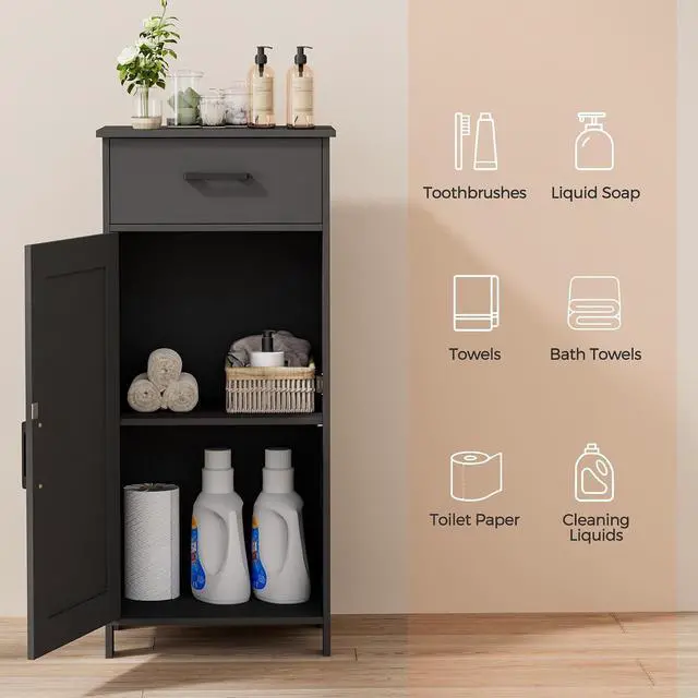 Alt view image 4 of 7 - Homhedy Bathroom Storage Cabinet with Drawer & Adjustable Shelf | Freestanding Storage Cabinet for Bathroom, Entryway, Living Room & Kitchen, Black, 15.7"W