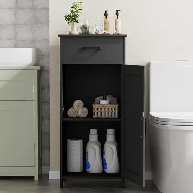 Alt view image 6 of 7 - Homhedy Bathroom Storage Cabinet with Drawer & Adjustable Shelf | Freestanding Storage Cabinet for Bathroom, Entryway, Living Room & Kitchen, Black, 15.7"W