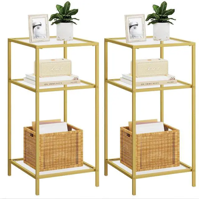Main image of Homhedy Side Tables Set of 2, 3-Tier End Tables with Tempered Glass | Nightstands with Storage Shelves, Slim Sofa Tables for Living Room & Bedroom, Golden
