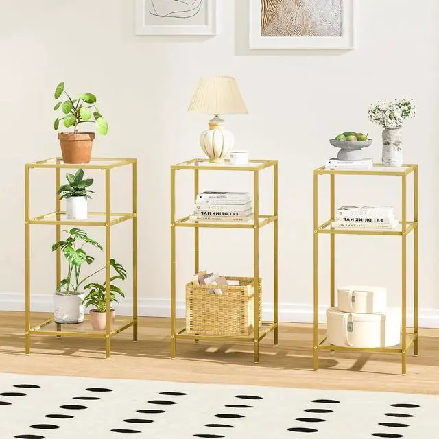 Alt view image 2 of 7 - Homhedy Side Tables Set of 2, 3-Tier End Tables with Tempered Glass | Nightstands with Storage Shelves, Slim Sofa Tables for Living Room & Bedroom, Golden