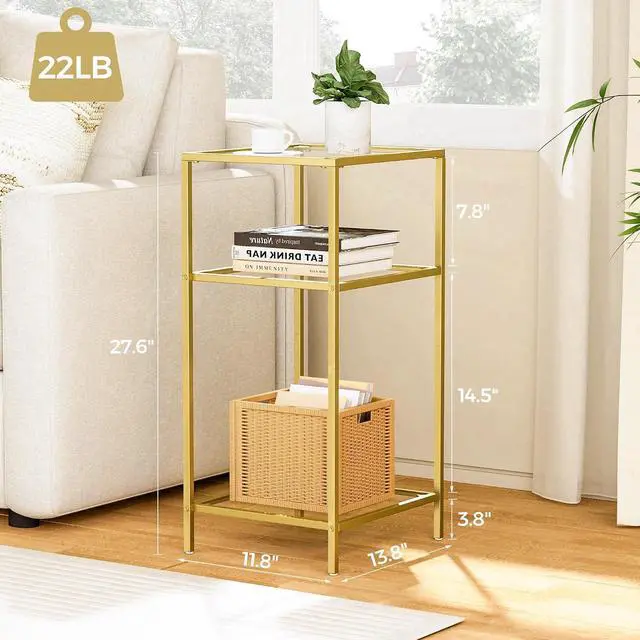 Alt view image 3 of 7 - Homhedy Side Tables Set of 2, 3-Tier End Tables with Tempered Glass | Nightstands with Storage Shelves, Slim Sofa Tables for Living Room & Bedroom, Golden