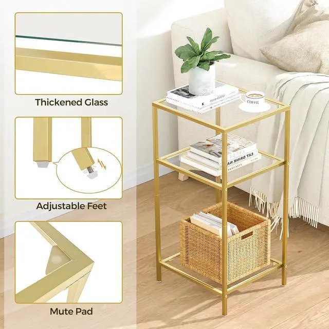 Alt view image 4 of 7 - Homhedy Side Tables Set of 2, 3-Tier End Tables with Tempered Glass | Nightstands with Storage Shelves, Slim Sofa Tables for Living Room & Bedroom, Golden