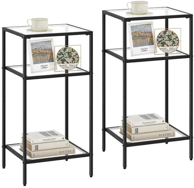 Main image of Homhedy Side Tables Set of 2, 3-Tier End Tables with Tempered Glass | Nightstands with Storage Shelves, Slim Sofa Tables for Living Room & Bedroom, Black