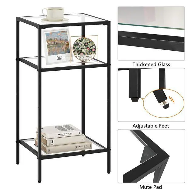 Alt view image 4 of 7 - Homhedy Side Tables Set of 2, 3-Tier End Tables with Tempered Glass | Nightstands with Storage Shelves, Slim Sofa Tables for Living Room & Bedroom, Black