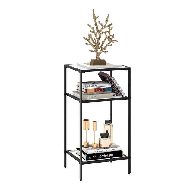 Alt view image 7 of 7 - Homhedy Side Tables Set of 2, 3-Tier End Tables with Tempered Glass | Nightstands with Storage Shelves, Slim Sofa Tables for Living Room & Bedroom, Black