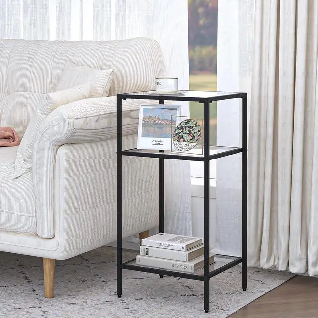 Alt view image 6 of 7 - Homhedy Side Tables Set of 2, 3-Tier End Tables with Tempered Glass | Nightstands with Storage Shelves, Slim Sofa Tables for Living Room & Bedroom, Black
