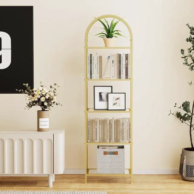 Alt view image 3 of 7 - Homhedy 5-Tier Tall Gold Bookshelf, Arched Bookcase with Glass Shelves | Modern Arched Display Racks, Metal Bookcase, Storage Shelf for Home, Office,Living Room,Bedroom, 11.8" D x 13.8" W x 57.1" H