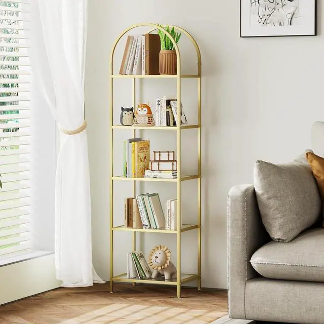 Main image of Homhedy 5-Tier Tall Gold Bookshelf, Arched Bookcase with Glass Shelves | Modern Arched Display Racks, Metal Bookcase, Storage Shelf for Home, Office,Living Room,Bedroom, 11.8" D x 13.8" W x 57.1" H