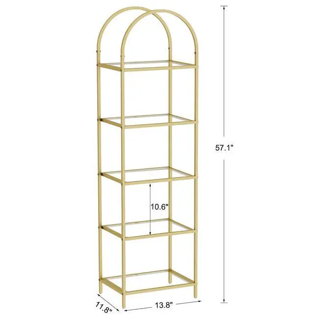 Alt view image 2 of 7 - Homhedy 5-Tier Tall Gold Bookshelf, Arched Bookcase with Glass Shelves | Modern Arched Display Racks, Metal Bookcase, Storage Shelf for Home, Office,Living Room,Bedroom, 11.8" D x 13.8" W x 57.1" H