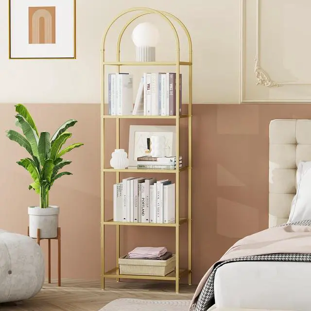 Alt view image 6 of 7 - Homhedy 5-Tier Tall Gold Bookshelf, Arched Bookcase with Glass Shelves | Modern Arched Display Racks, Metal Bookcase, Storage Shelf for Home, Office,Living Room,Bedroom, 11.8" D x 13.8" W x 57.1" H