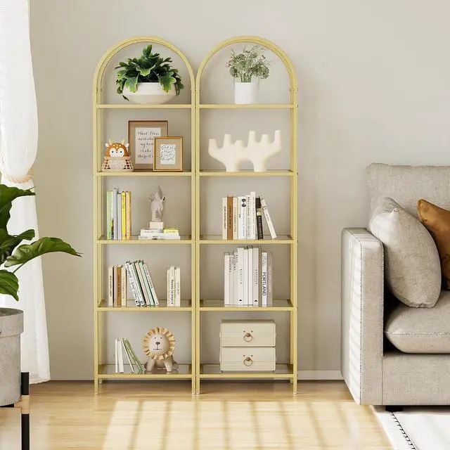 Alt view image 5 of 7 - Homhedy 5-Tier Tall Gold Bookshelf, Arched Bookcase with Glass Shelves | Modern Arched Display Racks, Metal Bookcase, Storage Shelf for Home, Office,Living Room,Bedroom, 11.8" D x 13.8" W x 57.1" H