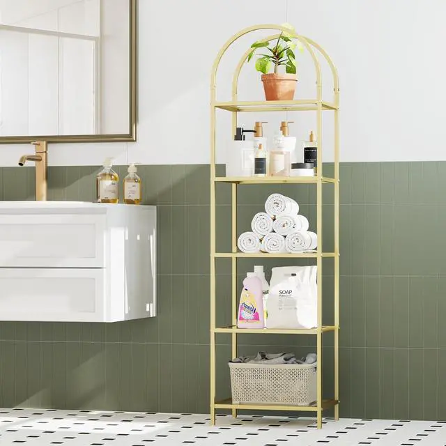 Alt view image 7 of 7 - Homhedy 5-Tier Tall Gold Bookshelf, Arched Bookcase with Glass Shelves | Modern Arched Display Racks, Metal Bookcase, Storage Shelf for Home, Office,Living Room,Bedroom, 11.8" D x 13.8" W x 57.1" H