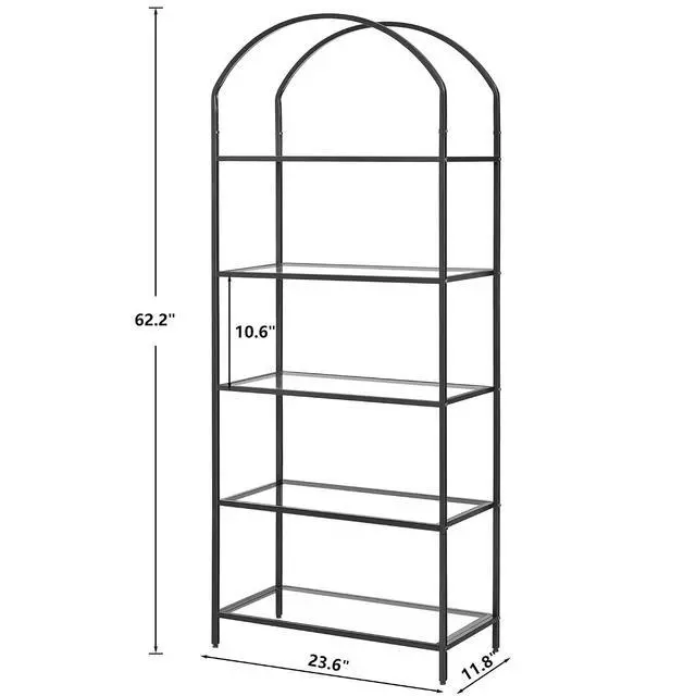 Alt view image 2 of 7 - Homhedy 5-Tier Tall Black Bookshelf, Arched Bookcase with Glass Shelves | Modern Arched Display Racks, Metal Bookcase, Storage Shelf for Home, Office,Living Room,Bedroom, 11.8" D x 23.6" W x 62.2" H