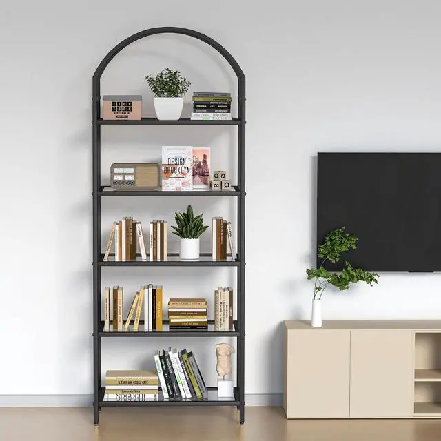 Alt view image 3 of 7 - Homhedy 5-Tier Tall Black Bookshelf, Arched Bookcase with Glass Shelves | Modern Arched Display Racks, Metal Bookcase, Storage Shelf for Home, Office,Living Room,Bedroom, 11.8" D x 23.6" W x 62.2" H