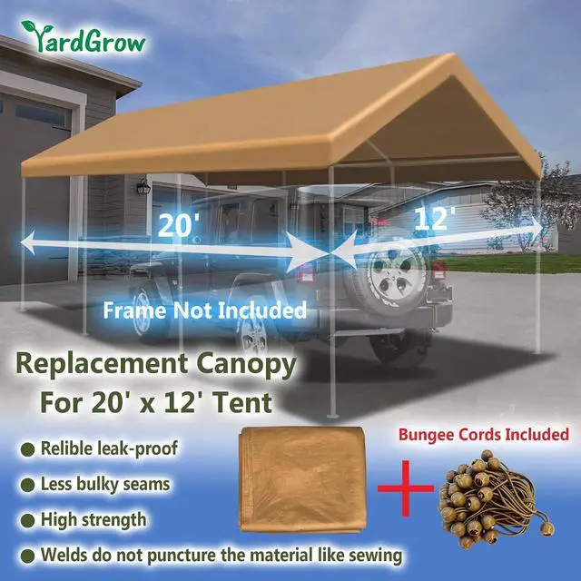 Alt view image 2 of 7 - YardGrow 12x20ft Carport Canopy Replacement Cover Garage Tent Tarp Waterproof & UV Protected with Bungees, Frame Not Included (Tan)
