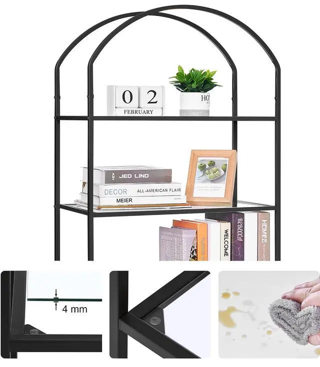 Alt view image 4 of 7 - Homhedy 5-Tier Tall Black Bookshelf, Arched Bookcase with Glass Shelves | Modern Arched Display Racks, Metal Bookcase, Storage Shelf for Home, Office,Living Room,Bedroom, 11.8" D x 23.6" W x 62.2" H