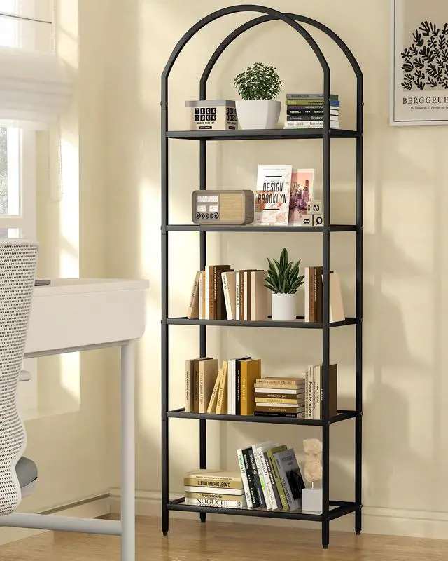 Alt view image 5 of 7 - Homhedy 5-Tier Tall Black Bookshelf, Arched Bookcase with Glass Shelves | Modern Arched Display Racks, Metal Bookcase, Storage Shelf for Home, Office,Living Room,Bedroom, 11.8" D x 23.6" W x 62.2" H