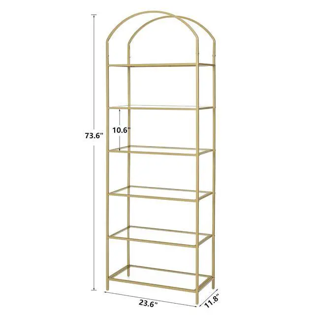 Alt view image 2 of 7 - Homhedy 6-Tier Tall Gold Bookshelf, Arched Bookcase with Glass Shelves | Modern Arched Display Racks, Metal Bookcase, Storage Shelf for Home, Office,Living Room,Bedroom, 11.8" D x 23.6" W x 73.6" H