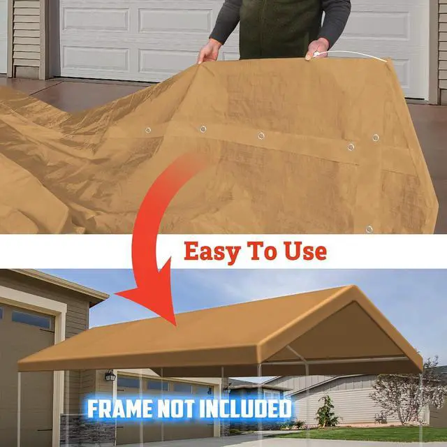 Alt view image 5 of 7 - YardGrow 12x20ft Carport Canopy Replacement Cover Garage Tent Tarp Waterproof & UV Protected with Bungees, Frame Not Included (Tan)