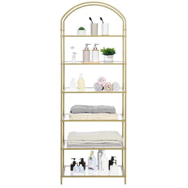 Alt view image 3 of 7 - Homhedy 6-Tier Tall Gold Bookshelf, Arched Bookcase with Glass Shelves | Modern Arched Display Racks, Metal Bookcase, Storage Shelf for Home, Office,Living Room,Bedroom, 11.8" D x 23.6" W x 73.6" H
