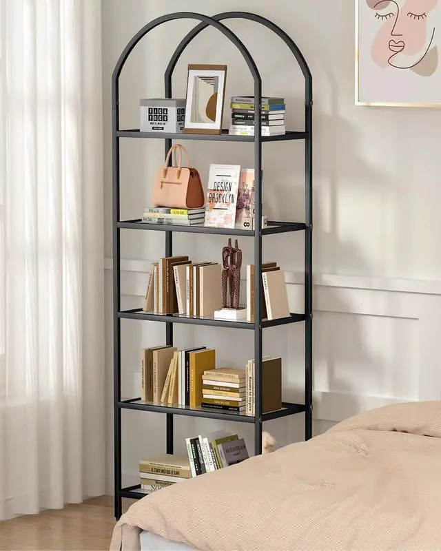 Alt view image 6 of 7 - Homhedy 5-Tier Tall Black Bookshelf, Arched Bookcase with Glass Shelves | Modern Arched Display Racks, Metal Bookcase, Storage Shelf for Home, Office,Living Room,Bedroom, 11.8" D x 23.6" W x 62.2" H