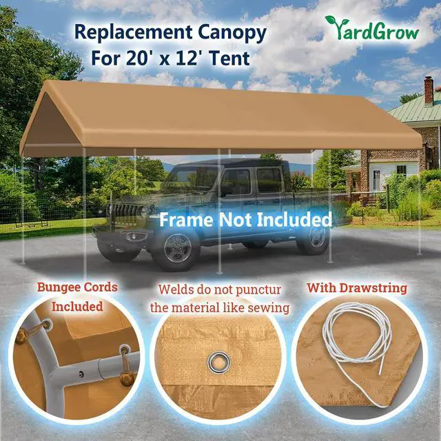 Alt view image 4 of 7 - YardGrow 12x20ft Carport Canopy Replacement Cover Garage Tent Tarp Waterproof & UV Protected with Bungees, Frame Not Included (Tan)