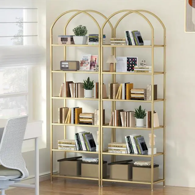 Alt view image 5 of 7 - Homhedy 6-Tier Tall Gold Bookshelf, Arched Bookcase with Glass Shelves | Modern Arched Display Racks, Metal Bookcase, Storage Shelf for Home, Office,Living Room,Bedroom, 11.8" D x 23.6" W x 73.6" H