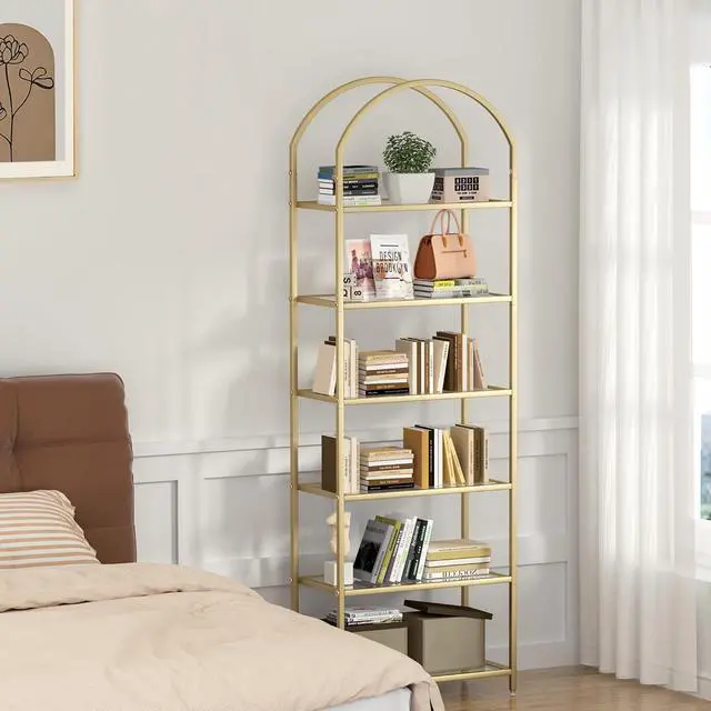 Alt view image 6 of 7 - Homhedy 6-Tier Tall Gold Bookshelf, Arched Bookcase with Glass Shelves | Modern Arched Display Racks, Metal Bookcase, Storage Shelf for Home, Office,Living Room,Bedroom, 11.8" D x 23.6" W x 73.6" H