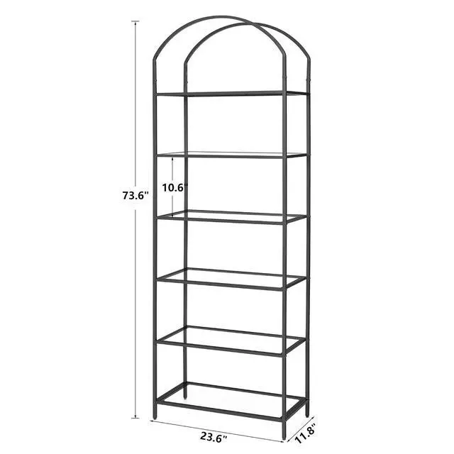 Alt view image 2 of 7 - Homhedy 6-Tier Tall Black Bookshelf, Arched Bookcase with Glass Shelves | Modern Arched Display Racks, Metal Bookcase, Storage Shelf for Home, Office,Living Room,Bedroom, 11.8" D x 23.6" W x 73.6" H