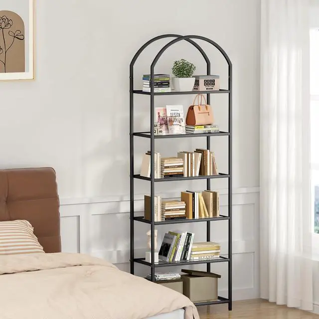 Alt view image 3 of 7 - Homhedy 6-Tier Tall Black Bookshelf, Arched Bookcase with Glass Shelves | Modern Arched Display Racks, Metal Bookcase, Storage Shelf for Home, Office,Living Room,Bedroom, 11.8" D x 23.6" W x 73.6" H
