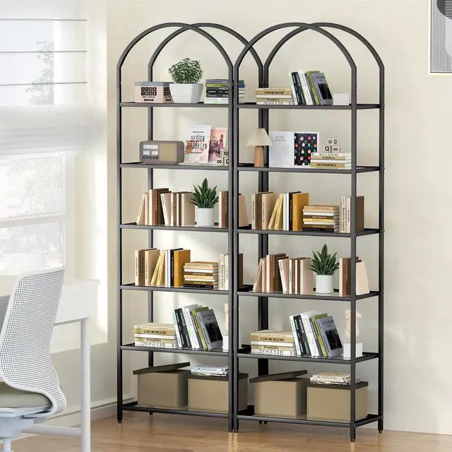 Alt view image 4 of 7 - Homhedy 6-Tier Tall Black Bookshelf, Arched Bookcase with Glass Shelves | Modern Arched Display Racks, Metal Bookcase, Storage Shelf for Home, Office,Living Room,Bedroom, 11.8" D x 23.6" W x 73.6" H