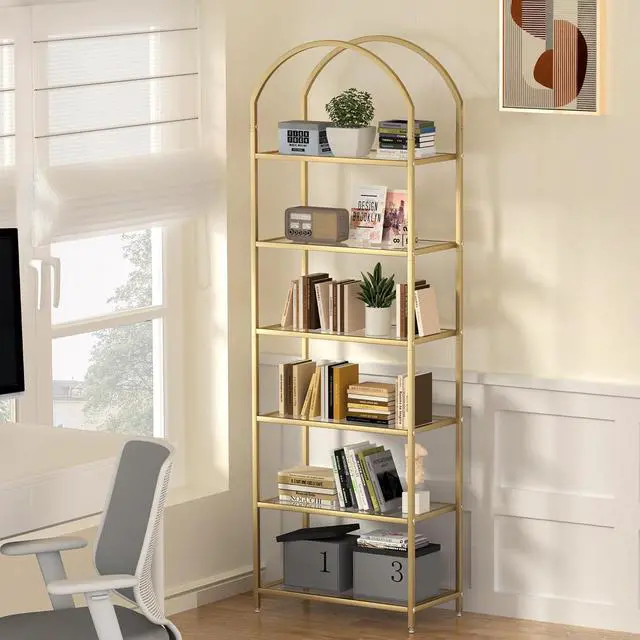 Alt view image 7 of 7 - Homhedy 6-Tier Tall Gold Bookshelf, Arched Bookcase with Glass Shelves | Modern Arched Display Racks, Metal Bookcase, Storage Shelf for Home, Office,Living Room,Bedroom, 11.8" D x 23.6" W x 73.6" H