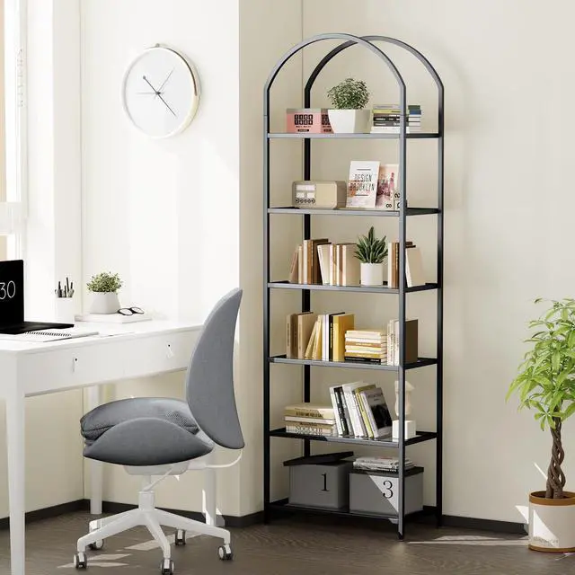 Alt view image 6 of 7 - Homhedy 6-Tier Tall Black Bookshelf, Arched Bookcase with Glass Shelves | Modern Arched Display Racks, Metal Bookcase, Storage Shelf for Home, Office,Living Room,Bedroom, 11.8" D x 23.6" W x 73.6" H