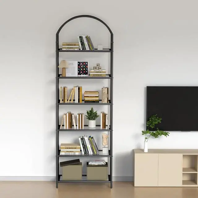 Alt view image 7 of 7 - Homhedy 6-Tier Tall Black Bookshelf, Arched Bookcase with Glass Shelves | Modern Arched Display Racks, Metal Bookcase, Storage Shelf for Home, Office,Living Room,Bedroom, 11.8" D x 23.6" W x 73.6" H