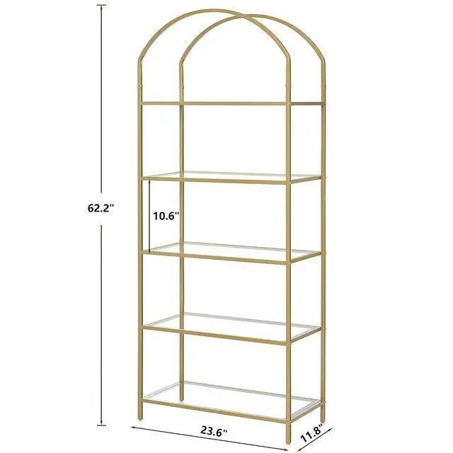 Alt view image 2 of 7 - Homhedy 5-Tier Tall Gold Bookshelf, Arched Bookcase with Glass Shelves | Modern Arched Display Racks, Metal Bookcase, Storage Shelf for Home, Office,Living Room,Bedroom, 11.8" D x 23.6" W x 62.2" H