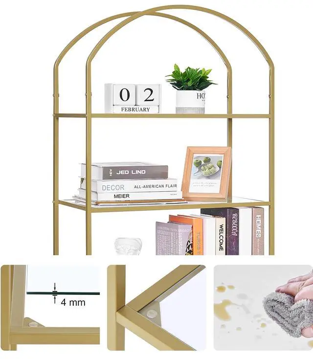 Alt view image 4 of 7 - Homhedy 6-Tier Tall Gold Bookshelf, Arched Bookcase with Glass Shelves | Modern Arched Display Racks, Metal Bookcase, Storage Shelf for Home, Office,Living Room,Bedroom, 11.8" D x 23.6" W x 73.6" H