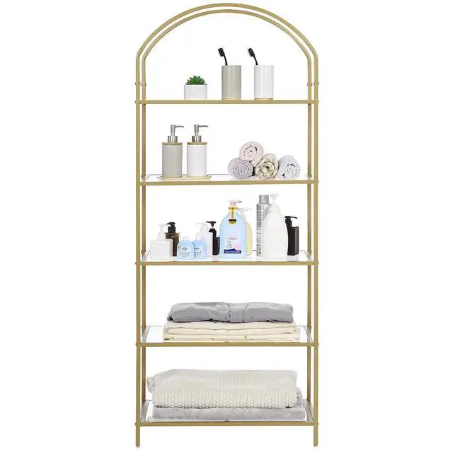 Alt view image 3 of 7 - Homhedy 5-Tier Tall Gold Bookshelf, Arched Bookcase with Glass Shelves | Modern Arched Display Racks, Metal Bookcase, Storage Shelf for Home, Office,Living Room,Bedroom, 11.8" D x 23.6" W x 62.2" H