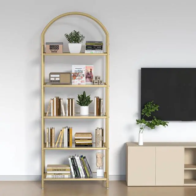 Alt view image 5 of 7 - Homhedy 5-Tier Tall Gold Bookshelf, Arched Bookcase with Glass Shelves | Modern Arched Display Racks, Metal Bookcase, Storage Shelf for Home, Office,Living Room,Bedroom, 11.8" D x 23.6" W x 62.2" H