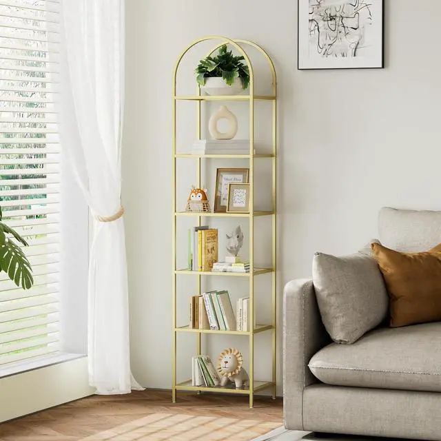 Main image of Homhedy 6-Tier Tall Gold Bookshelf, Arched Bookcase with Glass Shelves | Modern Arched Display Racks, Metal Bookcase, Storage Shelf for Home, Office,Living Room,Bedroom, 11.8"D x 13.8"W x 68.1"H