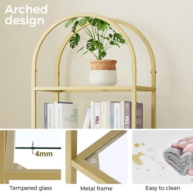 Alt view image 4 of 7 - Homhedy 6-Tier Tall Gold Bookshelf, Arched Bookcase with Glass Shelves | Modern Arched Display Racks, Metal Bookcase, Storage Shelf for Home, Office,Living Room,Bedroom, 11.8"D x 13.8"W x 68.1"H
