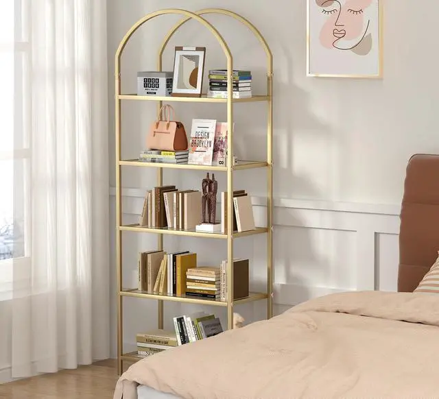 Alt view image 6 of 7 - Homhedy 5-Tier Tall Gold Bookshelf, Arched Bookcase with Glass Shelves | Modern Arched Display Racks, Metal Bookcase, Storage Shelf for Home, Office,Living Room,Bedroom, 11.8" D x 23.6" W x 62.2" H
