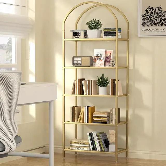 Alt view image 7 of 7 - Homhedy 5-Tier Tall Gold Bookshelf, Arched Bookcase with Glass Shelves | Modern Arched Display Racks, Metal Bookcase, Storage Shelf for Home, Office,Living Room,Bedroom, 11.8" D x 23.6" W x 62.2" H