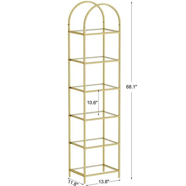 Alt view image 2 of 7 - Homhedy 6-Tier Tall Gold Bookshelf, Arched Bookcase with Glass Shelves | Modern Arched Display Racks, Metal Bookcase, Storage Shelf for Home, Office,Living Room,Bedroom, 11.8"D x 13.8"W x 68.1"H