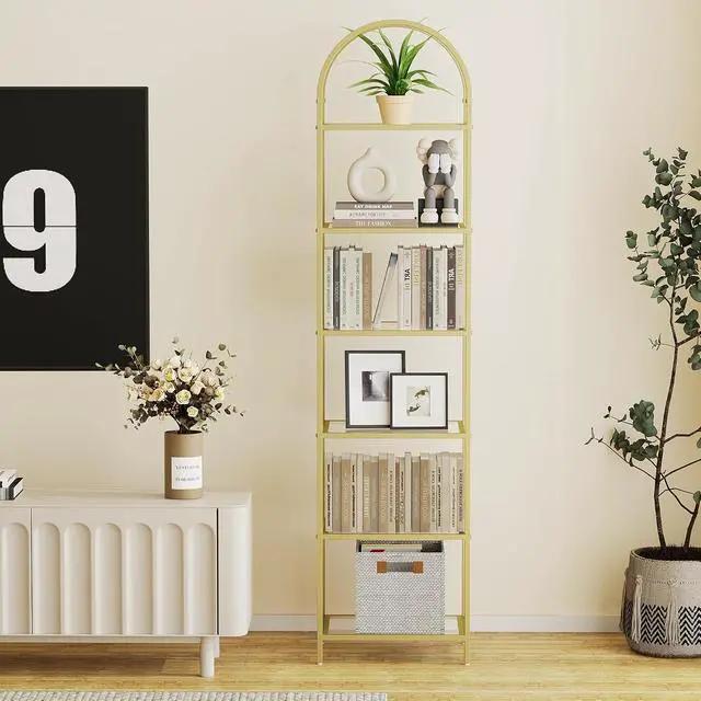 Alt view image 3 of 7 - Homhedy 6-Tier Tall Gold Bookshelf, Arched Bookcase with Glass Shelves | Modern Arched Display Racks, Metal Bookcase, Storage Shelf for Home, Office,Living Room,Bedroom, 11.8"D x 13.8"W x 68.1"H
