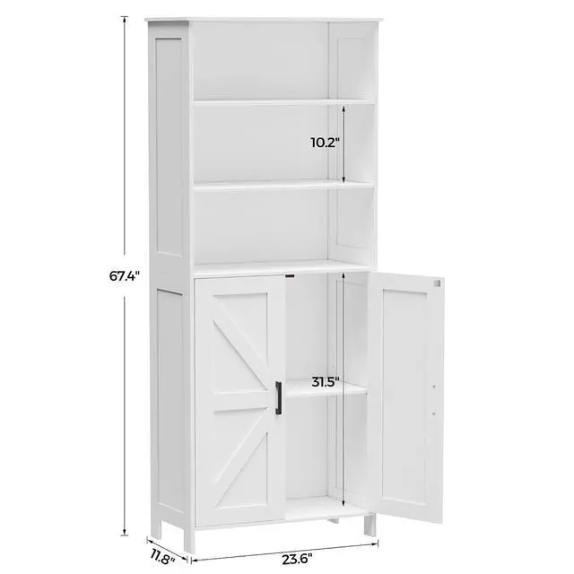Alt view image 2 of 7 - Homhedy 67" Tall Bathroom Storage Cabinet, Bathroom Floor Cabinet | Freestanding Farmhouse Cabinet with Doors and Adjustable Shelf, Linen Cabinet for Bathroom, Living Room, Laundry Room, White