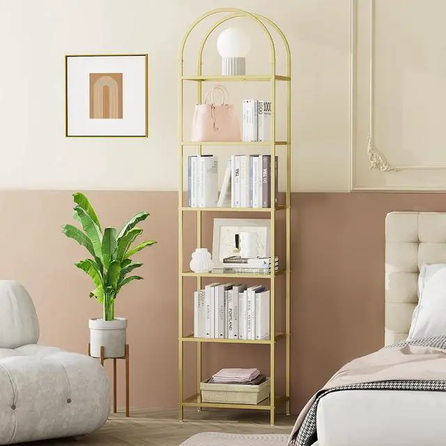 Alt view image 6 of 7 - Homhedy 6-Tier Tall Gold Bookshelf, Arched Bookcase with Glass Shelves | Modern Arched Display Racks, Metal Bookcase, Storage Shelf for Home, Office,Living Room,Bedroom, 11.8"D x 13.8"W x 68.1"H