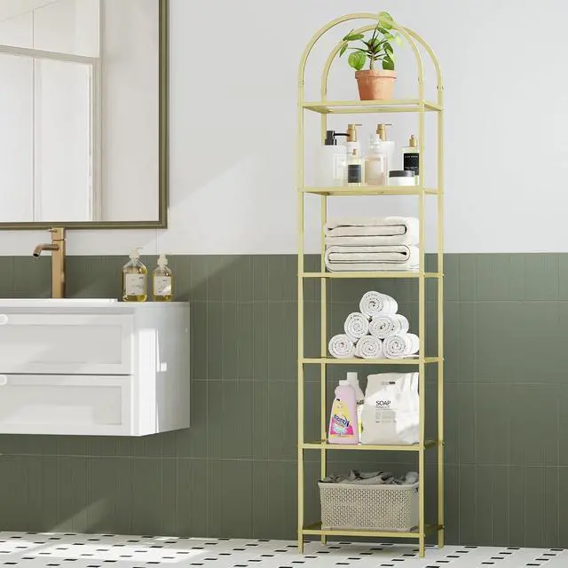 Alt view image 7 of 7 - Homhedy 6-Tier Tall Gold Bookshelf, Arched Bookcase with Glass Shelves | Modern Arched Display Racks, Metal Bookcase, Storage Shelf for Home, Office,Living Room,Bedroom, 11.8"D x 13.8"W x 68.1"H