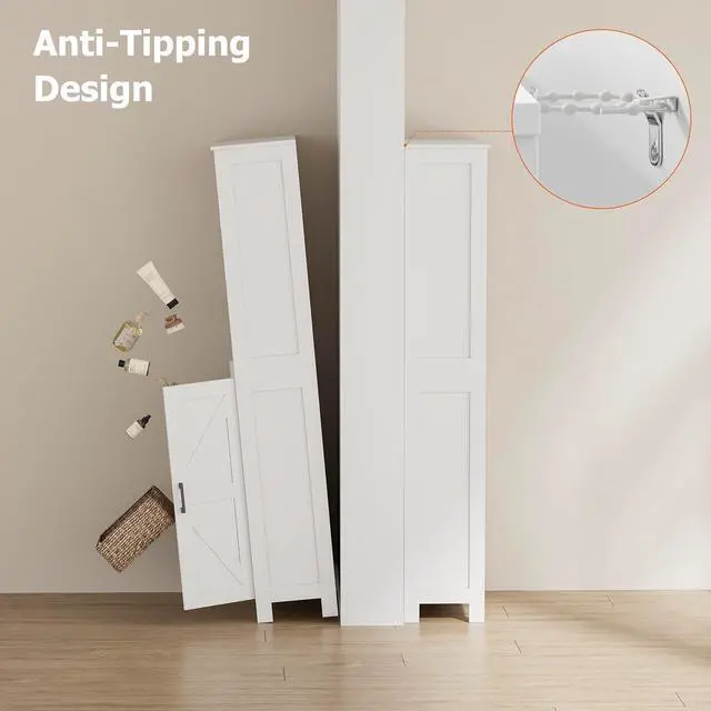 Alt view image 5 of 7 - Homhedy 67" Tall Bathroom Storage Cabinet, Bathroom Floor Cabinet | Freestanding Farmhouse Cabinet with Doors and Adjustable Shelf, Linen Cabinet for Bathroom, Living Room, Laundry Room, White