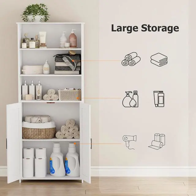 Alt view image 3 of 7 - Homhedy 67" Tall Bathroom Storage Cabinet, Bathroom Floor Cabinet | Freestanding Farmhouse Cabinet with Doors and Adjustable Shelf, Linen Cabinet for Bathroom, Living Room, Laundry Room, White